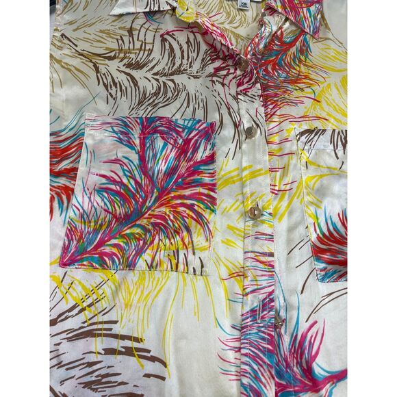 CAbi 100% Silk Sleeveless Blouse XS Feather Print Button Front High Low Hem - Picture 2 of 11